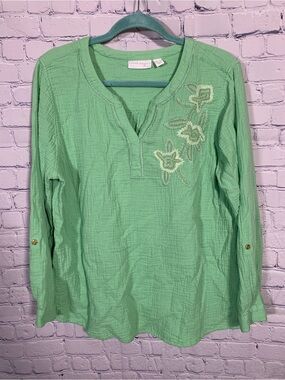 Susan Graver Pure Womens Gauze Long Sleeve Embroidered Top Green Size M Casual